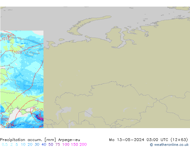 Precipitation accum. Arpege-eu Mo 13.05.2024 03 UTC