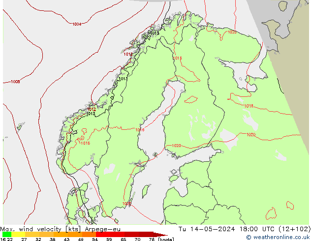 Max. wind velocity Arpege-eu Tu 14.05.2024 18 UTC
