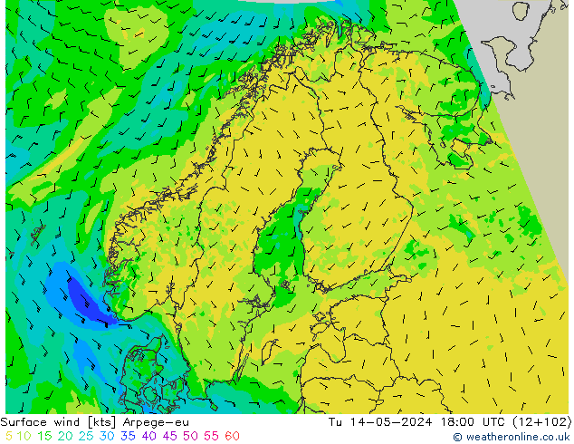 wiatr 10 m Arpege-eu wto. 14.05.2024 18 UTC