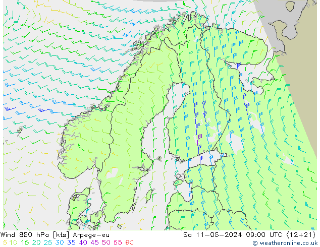 Wind 850 hPa Arpege-eu za 11.05.2024 09 UTC