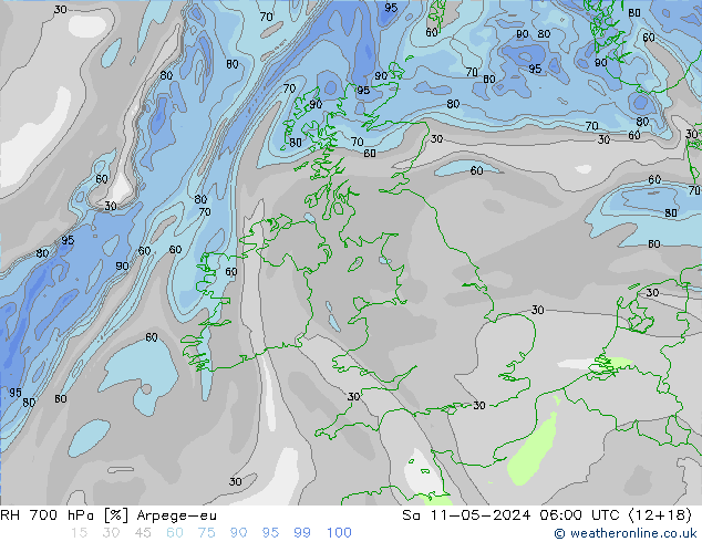 RH 700 hPa Arpege-eu Sa 11.05.2024 06 UTC