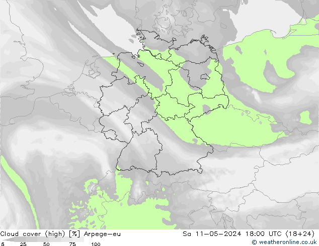 Cloud cover (high) Arpege-eu Sa 11.05.2024 18 UTC