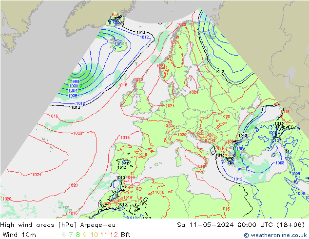 High wind areas Arpege-eu sab 11.05.2024 00 UTC