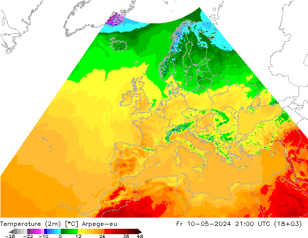 mapa temperatury (2m) Arpege-eu pt. 10.05.2024 21 UTC