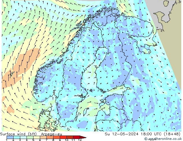 Surface wind (bft) Arpege-eu Su 12.05.2024 18 UTC