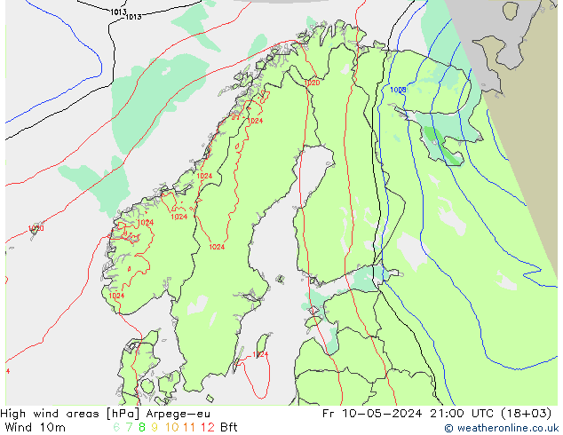 High wind areas Arpege-eu ven 10.05.2024 21 UTC