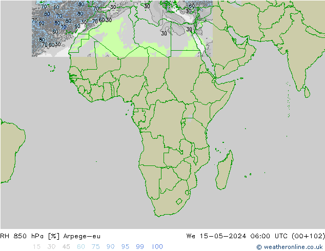 RH 850 hPa Arpege-eu mer 15.05.2024 06 UTC