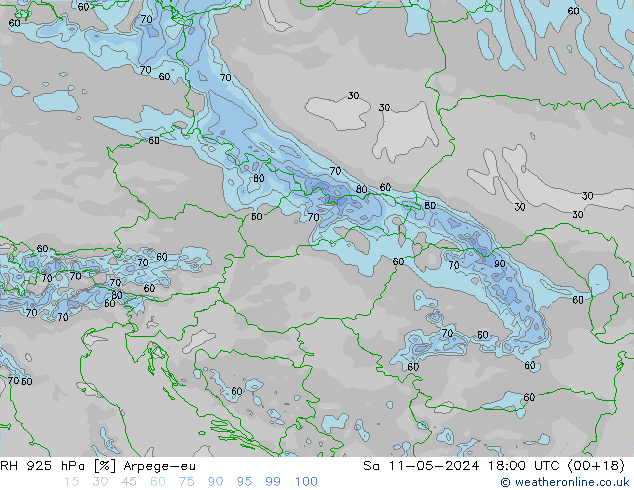 Humidité rel. 925 hPa Arpege-eu sam 11.05.2024 18 UTC