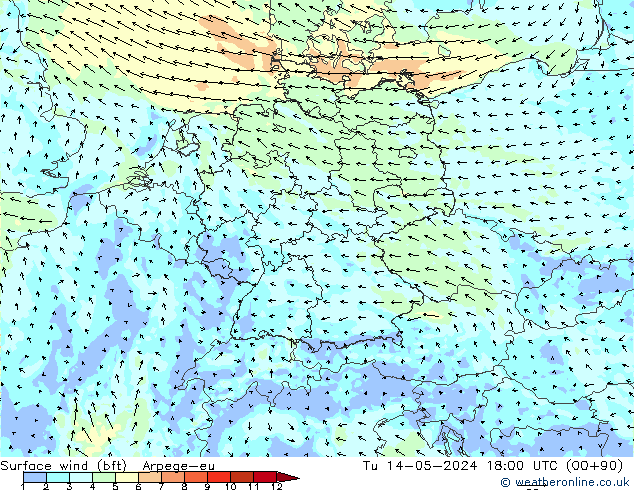 Surface wind (bft) Arpege-eu Út 14.05.2024 18 UTC