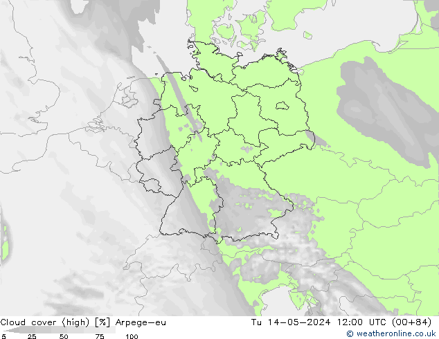Cloud cover (high) Arpege-eu Tu 14.05.2024 12 UTC