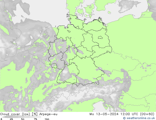 Cloud cover (low) Arpege-eu Mo 13.05.2024 12 UTC