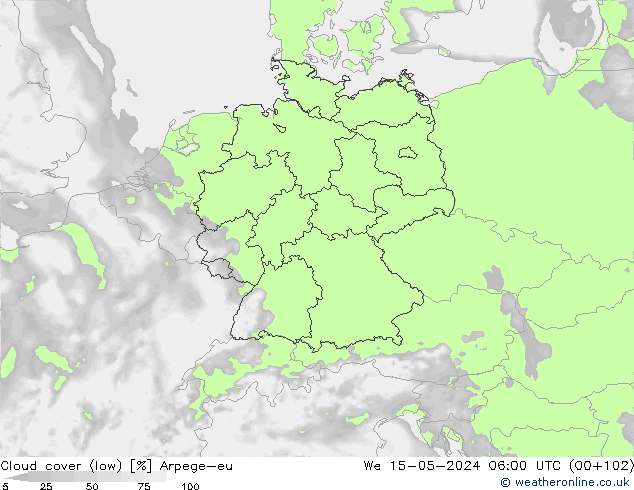 Cloud cover (low) Arpege-eu We 15.05.2024 06 UTC