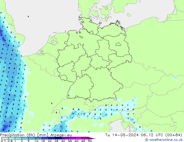 Totale neerslag (6h) Arpege-eu di 14.05.2024 12 UTC