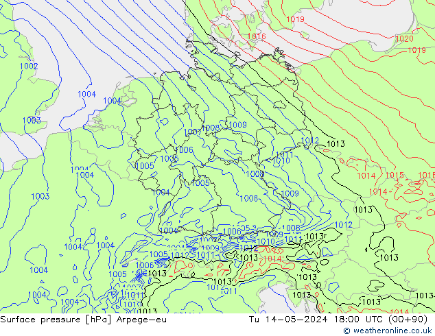 Surface pressure Arpege-eu Tu 14.05.2024 18 UTC