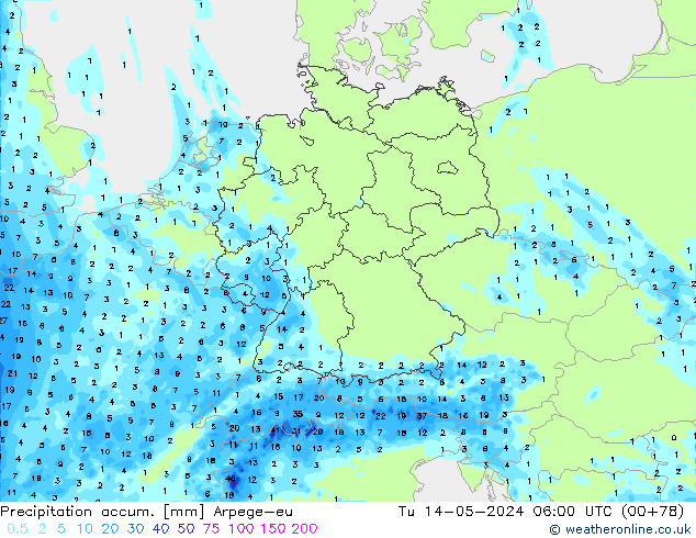 Precipitation accum. Arpege-eu Út 14.05.2024 06 UTC