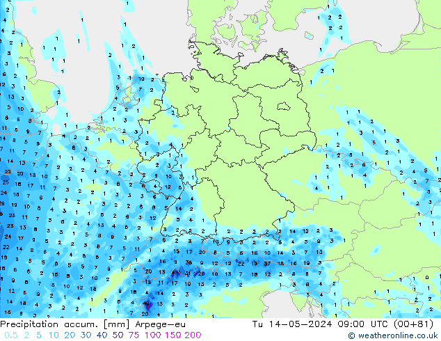 Precipitation accum. Arpege-eu Tu 14.05.2024 09 UTC