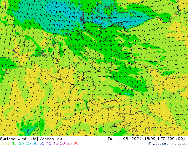 Surface wind Arpege-eu Út 14.05.2024 18 UTC