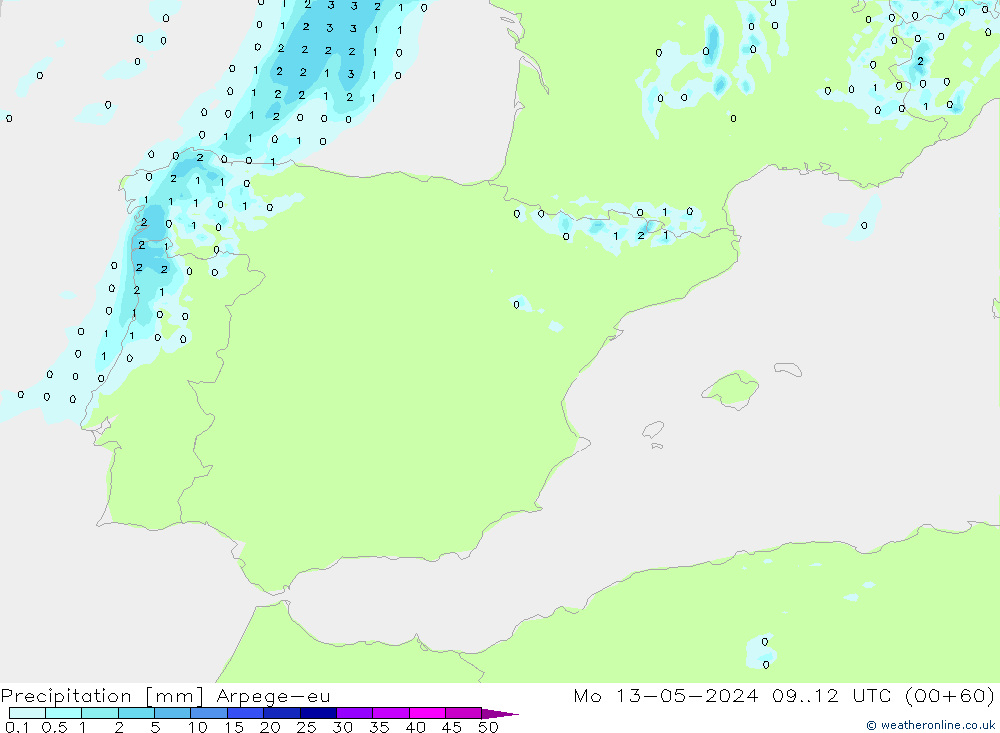 Precipitazione Arpege-eu lun 13.05.2024 12 UTC