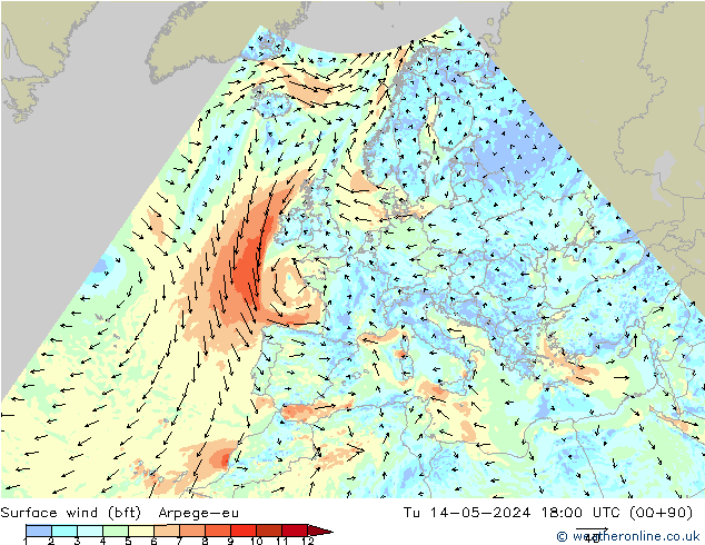 Surface wind (bft) Arpege-eu Tu 14.05.2024 18 UTC