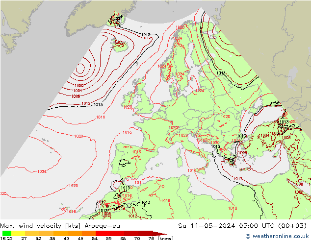 Max. wind velocity Arpege-eu sáb 11.05.2024 03 UTC