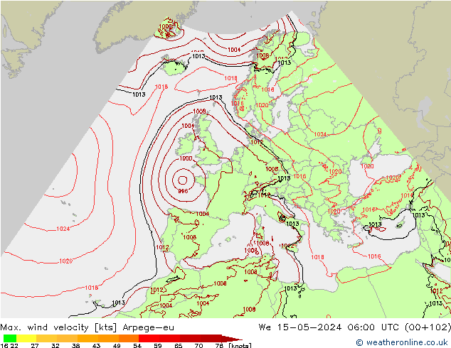 Max. wind velocity Arpege-eu We 15.05.2024 06 UTC