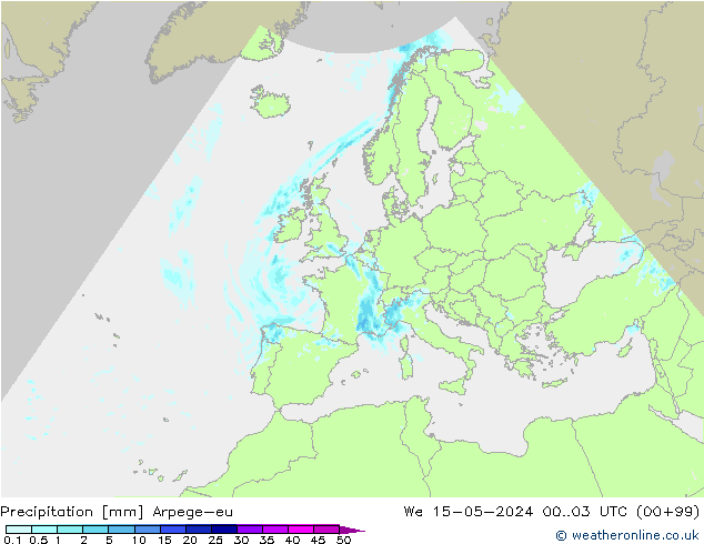 Precipitazione Arpege-eu mer 15.05.2024 03 UTC