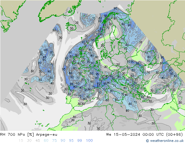 Humidité rel. 700 hPa Arpege-eu mer 15.05.2024 00 UTC