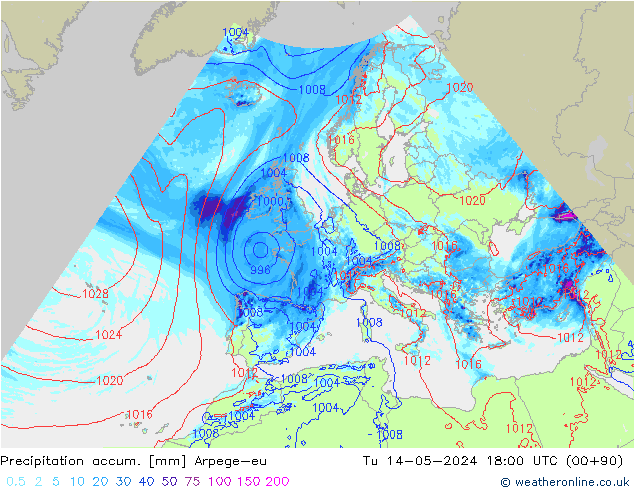 Precipitation accum. Arpege-eu Tu 14.05.2024 18 UTC