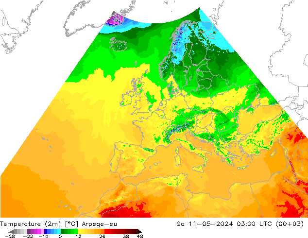 Temperaturkarte (2m) Arpege-eu Sa 11.05.2024 03 UTC