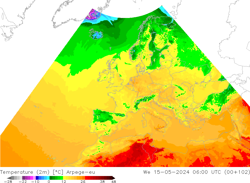 Temperaturkarte (2m) Arpege-eu Mi 15.05.2024 06 UTC