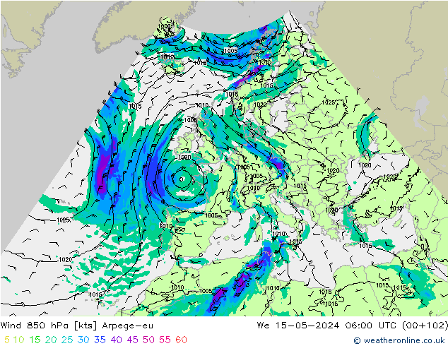 Wind 850 hPa Arpege-eu We 15.05.2024 06 UTC