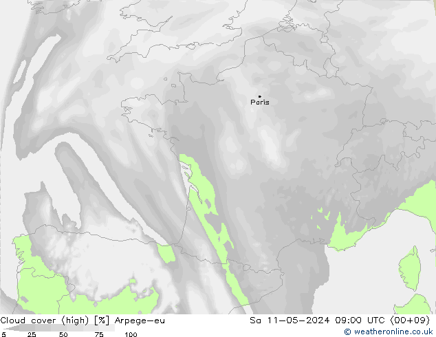 Cloud cover (high) Arpege-eu Sa 11.05.2024 09 UTC