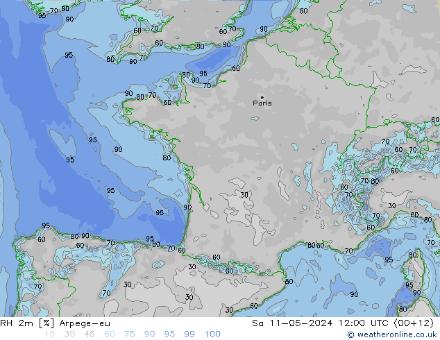 Humedad rel. 2m Arpege-eu sáb 11.05.2024 12 UTC
