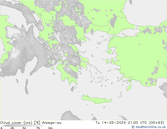 Cloud cover (low) Arpege-eu Tu 14.05.2024 21 UTC