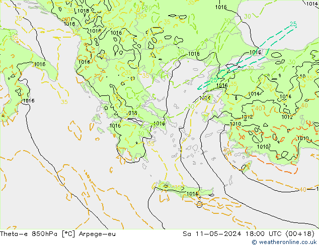 Theta-e 850hPa Arpege-eu Sa 11.05.2024 18 UTC