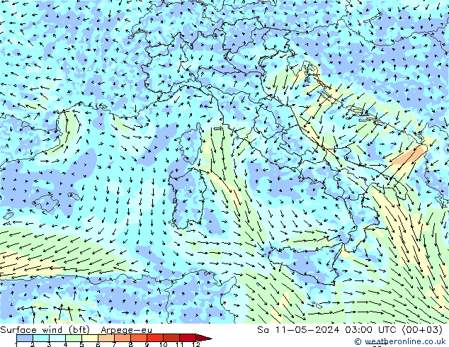 Vento 10 m (bft) Arpege-eu sab 11.05.2024 03 UTC