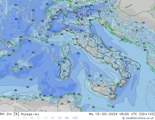 Humidité rel. 2m Arpege-eu mer 15.05.2024 06 UTC