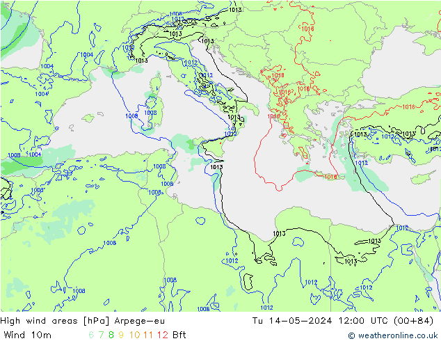 High wind areas Arpege-eu Tu 14.05.2024 12 UTC