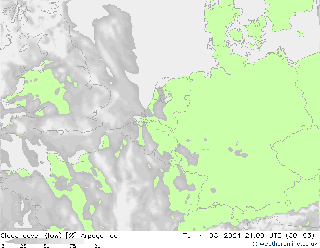 Cloud cover (low) Arpege-eu Tu 14.05.2024 21 UTC