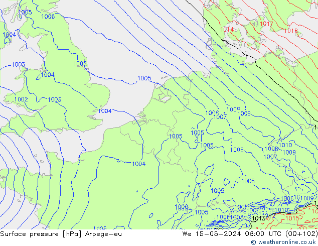 Pressione al suolo Arpege-eu mer 15.05.2024 06 UTC