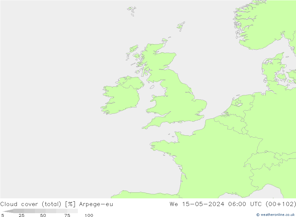 Cloud cover (total) Arpege-eu St 15.05.2024 06 UTC