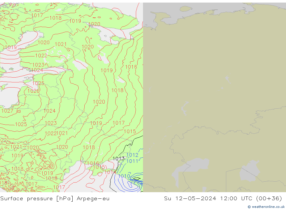 Pressione al suolo Arpege-eu dom 12.05.2024 12 UTC