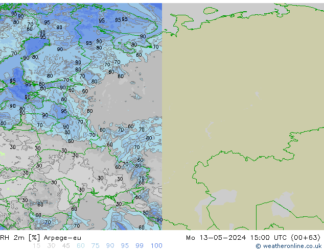 RH 2m Arpege-eu Mo 13.05.2024 15 UTC