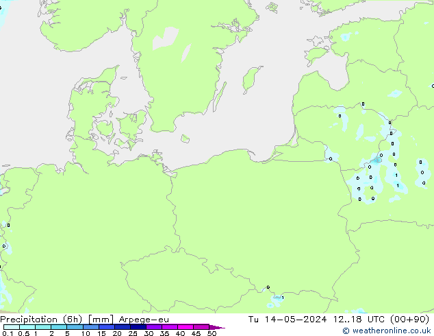 Precipitation (6h) Arpege-eu Út 14.05.2024 18 UTC