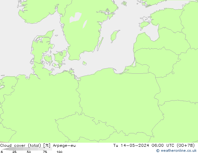 Cloud cover (total) Arpege-eu Út 14.05.2024 06 UTC