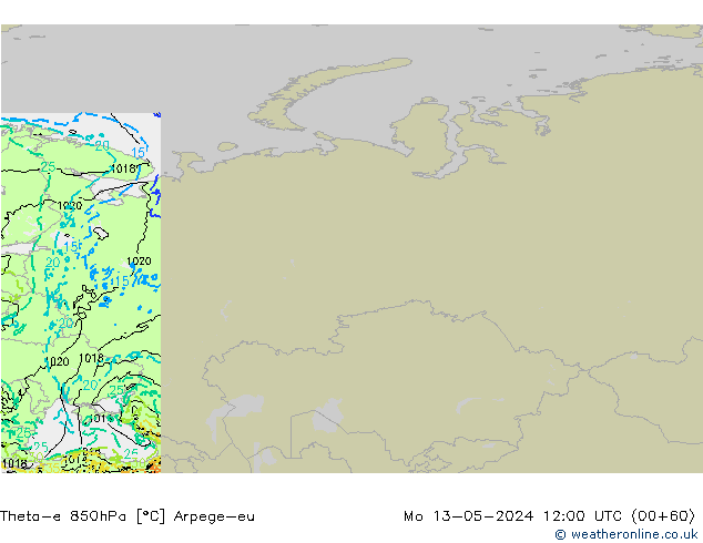 Theta-e 850hPa Arpege-eu pon. 13.05.2024 12 UTC