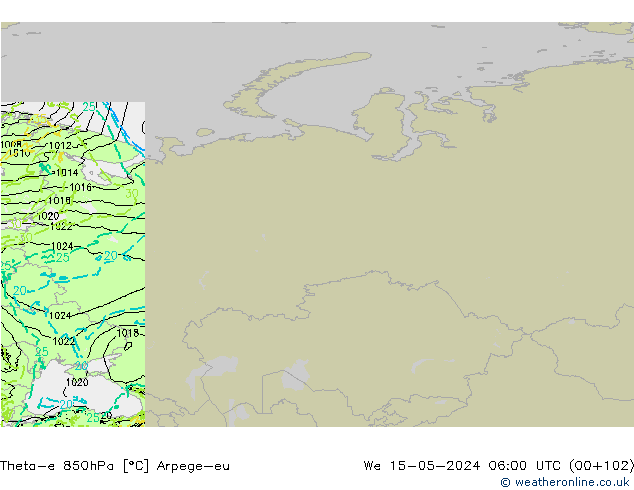 Theta-e 850hPa Arpege-eu mer 15.05.2024 06 UTC