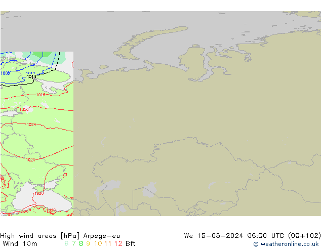 High wind areas Arpege-eu We 15.05.2024 06 UTC