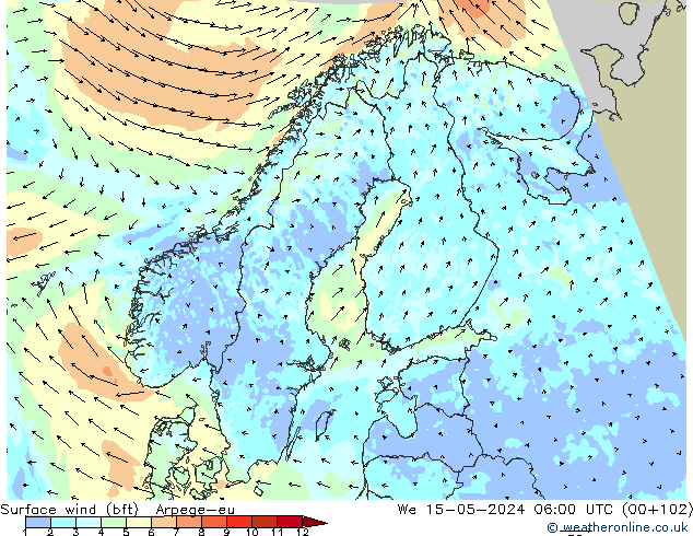 Surface wind (bft) Arpege-eu St 15.05.2024 06 UTC