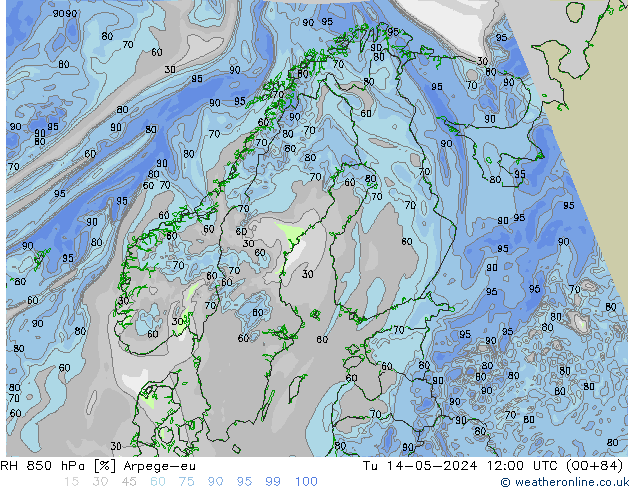 RH 850 hPa Arpege-eu Út 14.05.2024 12 UTC